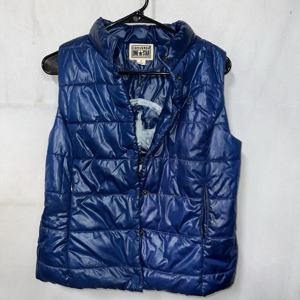 Converse One Star Women Vest Size M Blue Snap Front Puffer Quilted Winter